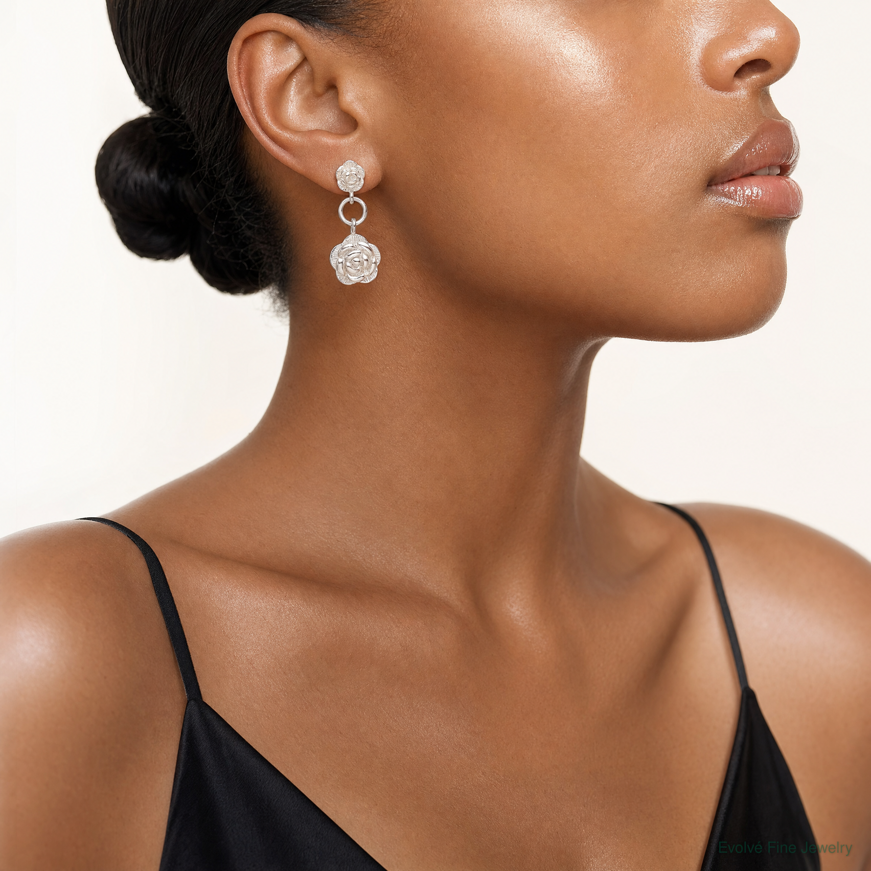 Sterling Silver E-Coating Rose Dangle Post Earrings - Model Shot