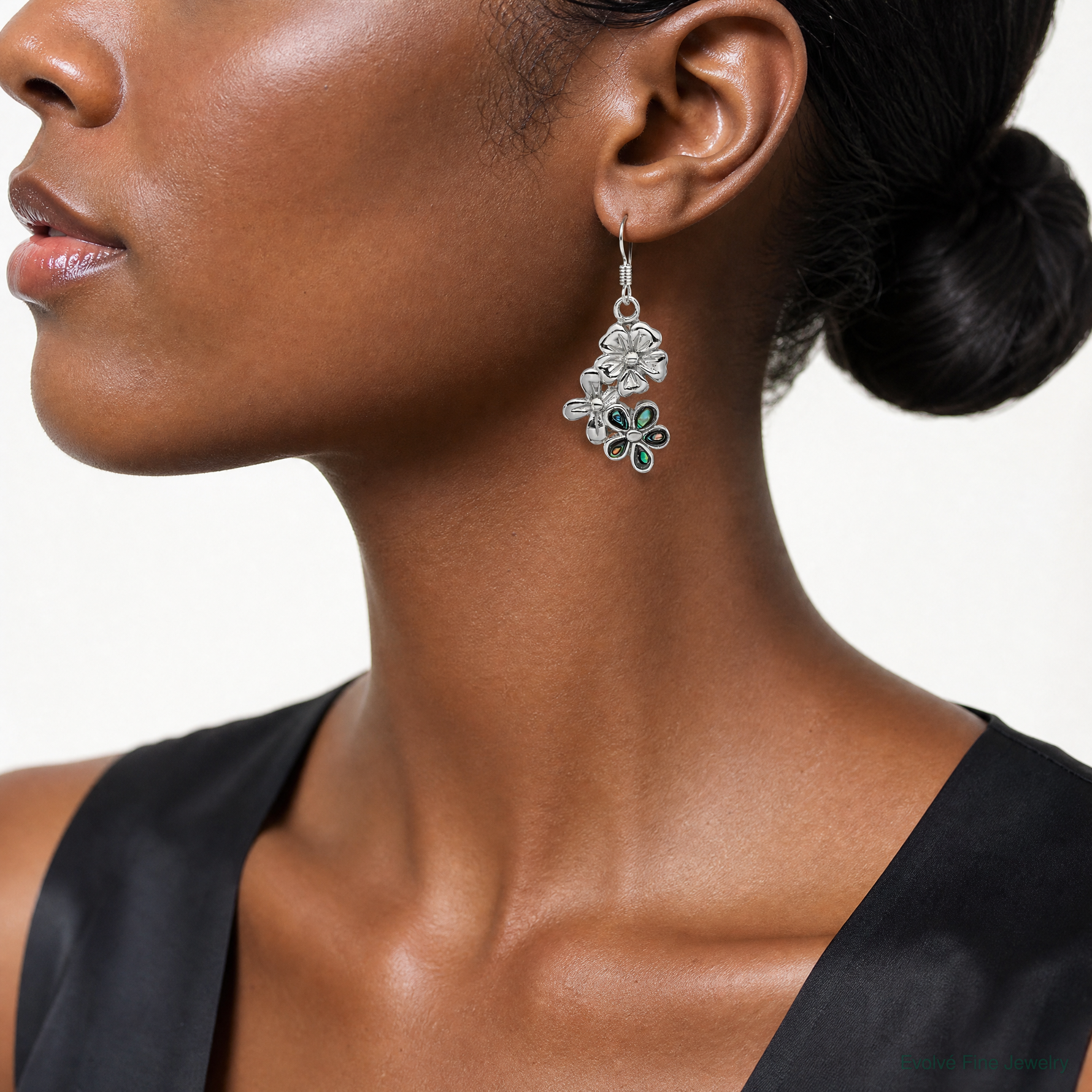 Sterling Silver Rhodium-Plated Polished Abalone Trio Flower Earrings - Model Shot