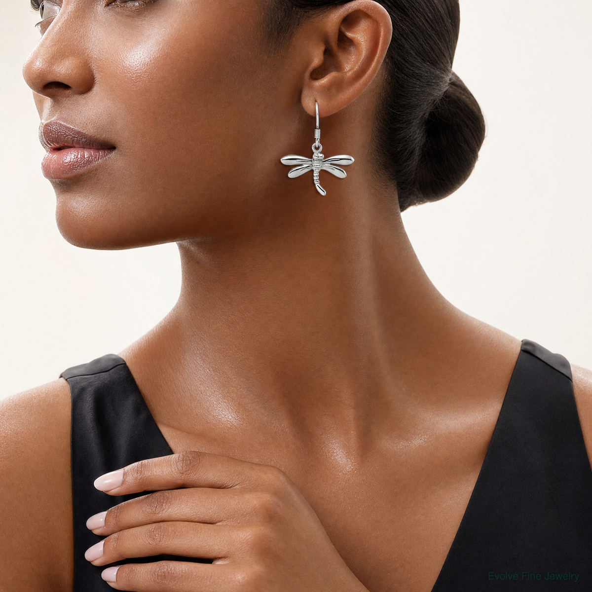 Sterling Silver Rhodium-Plated Polished Dragonfly Dangle Earrings - Model Shot