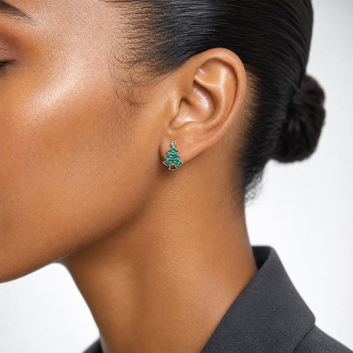 Sterling Silver Rh-plated Green Enamel Crystal Christmas Tree Post Earrings - Model Shot