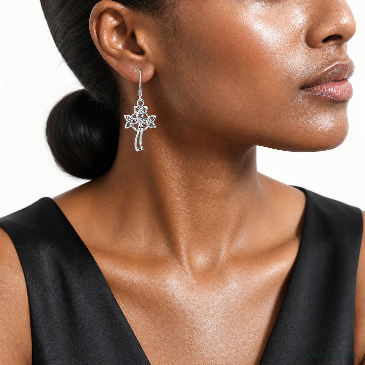 Sterling Silver Rhodium-Plated Polished Celtic Cross Dangle Earrings - Model Shot