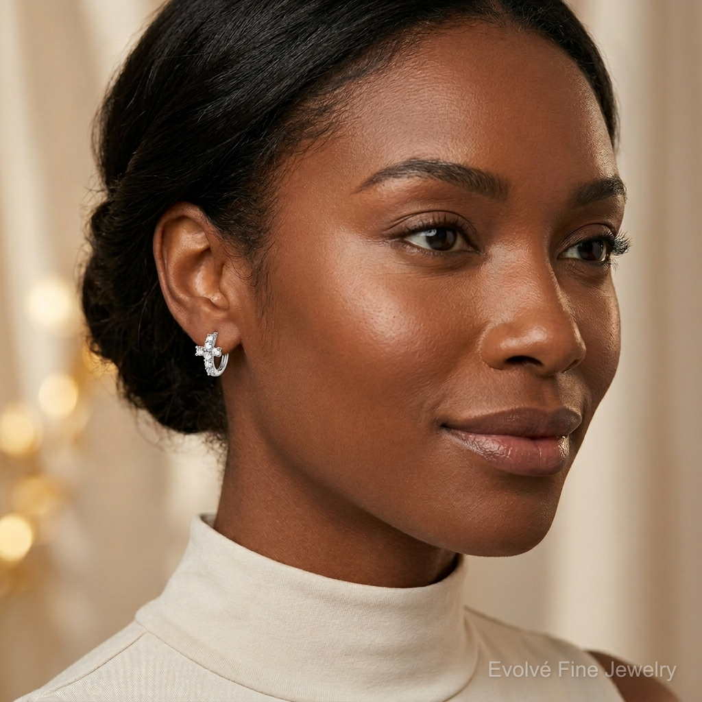 Sterling Silver RH-plated Polished CZ Cross Hinged Round Hoop Earrings - Model Shot