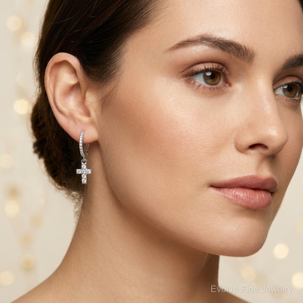Sterling Silver RH-plated Polished CZ Cross Dangle Round Hoop Earrings - Model Shot