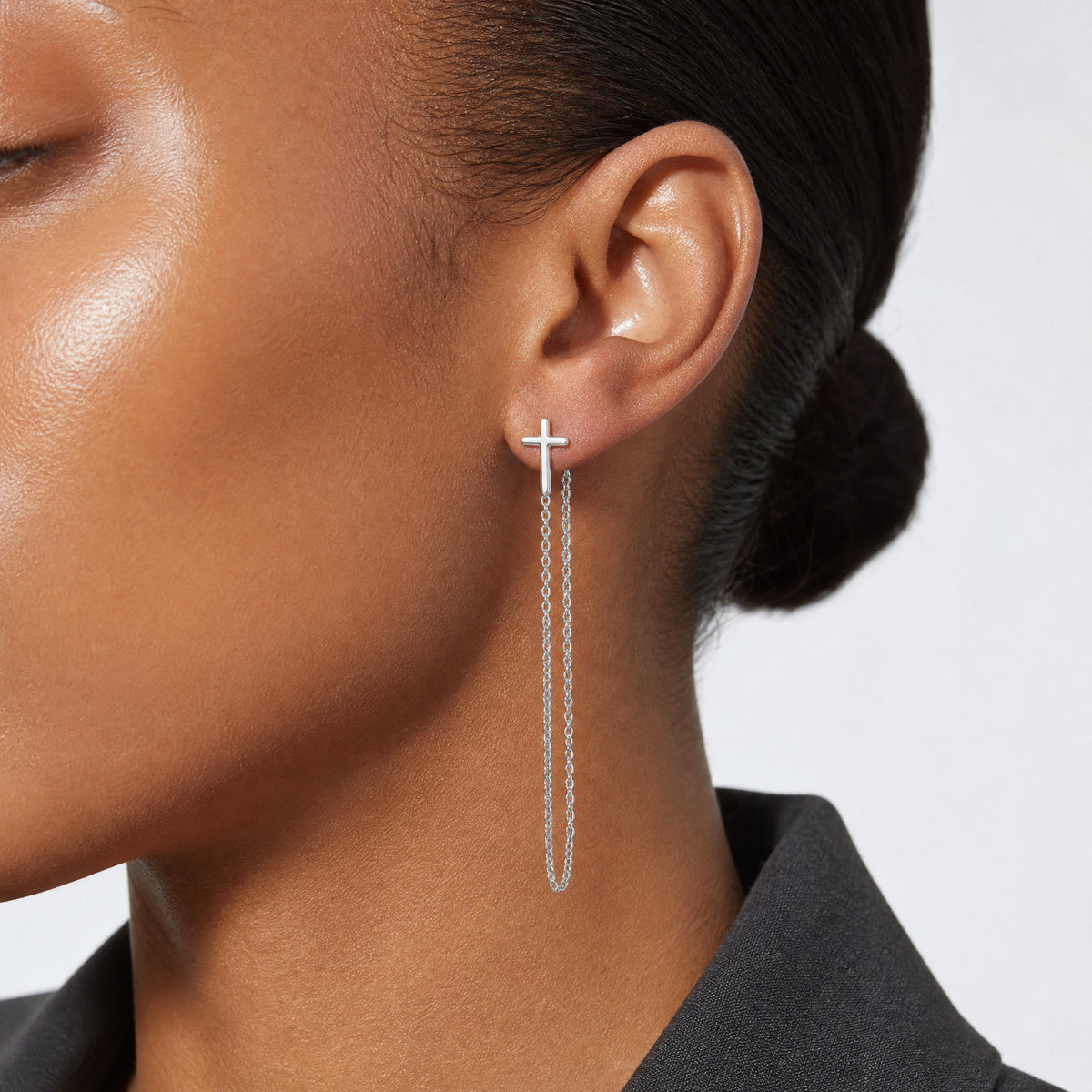 Sterling Silver Polished Cross with Chain Front & Back Post Earrings - Model Shot