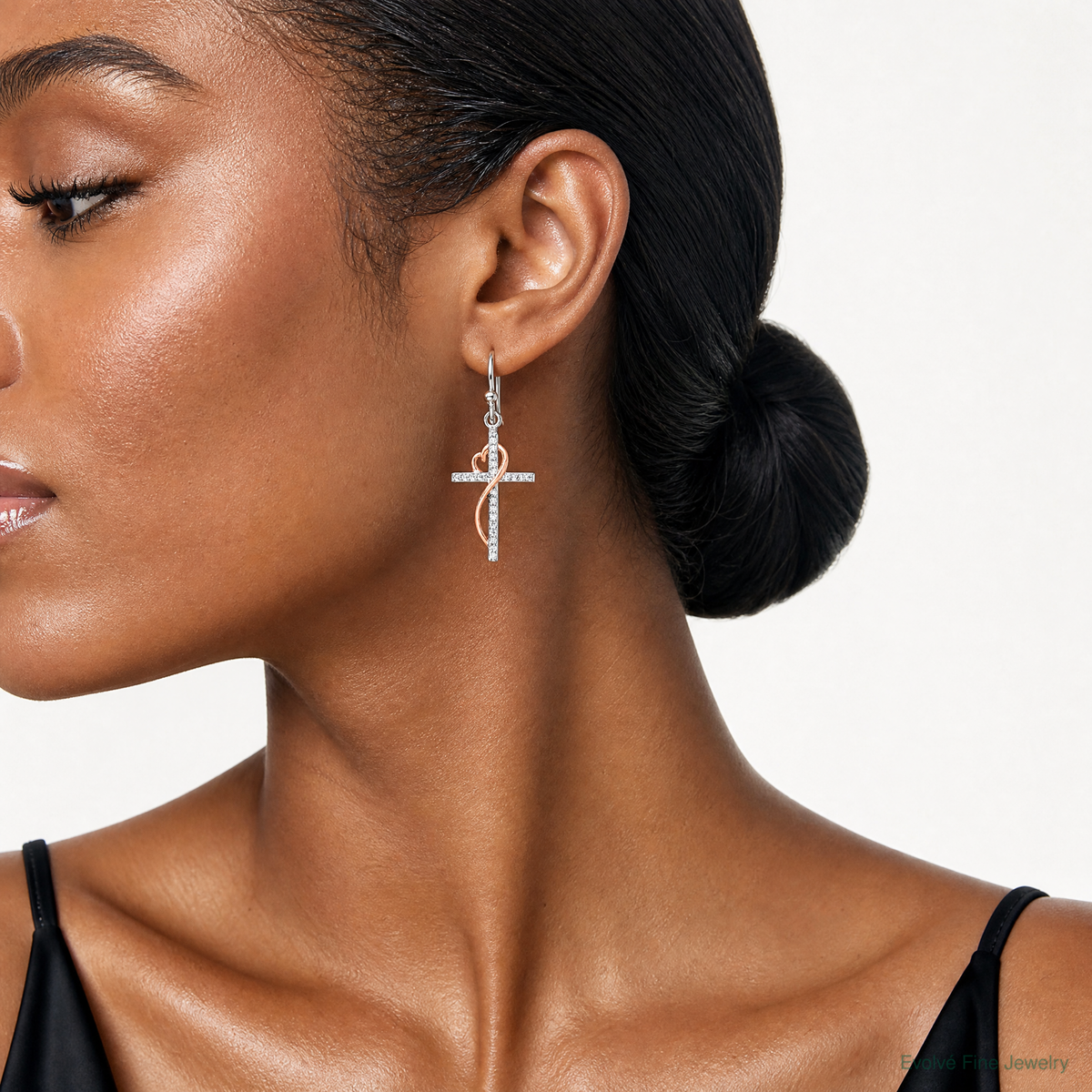 Sterling Silver & Rose-tone Polished CZ Heart Cross Dangle Earrings - Model Shot
