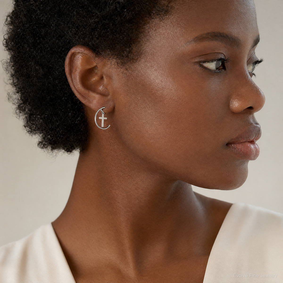 Sterling Silver Rhodium-plated Polished Cross Dangle Post C-Hoop Earrings - Model Shot