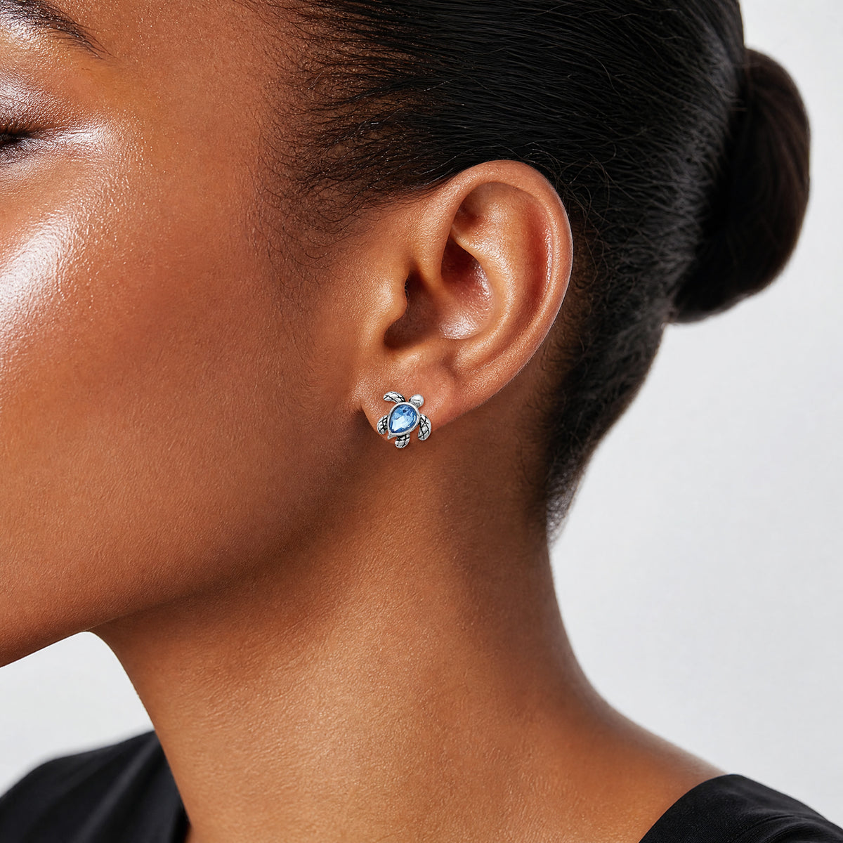 Sterling Silver RH-plated Antiqued Crystal Sep Birthstone Turtle Earrings - Model Shot