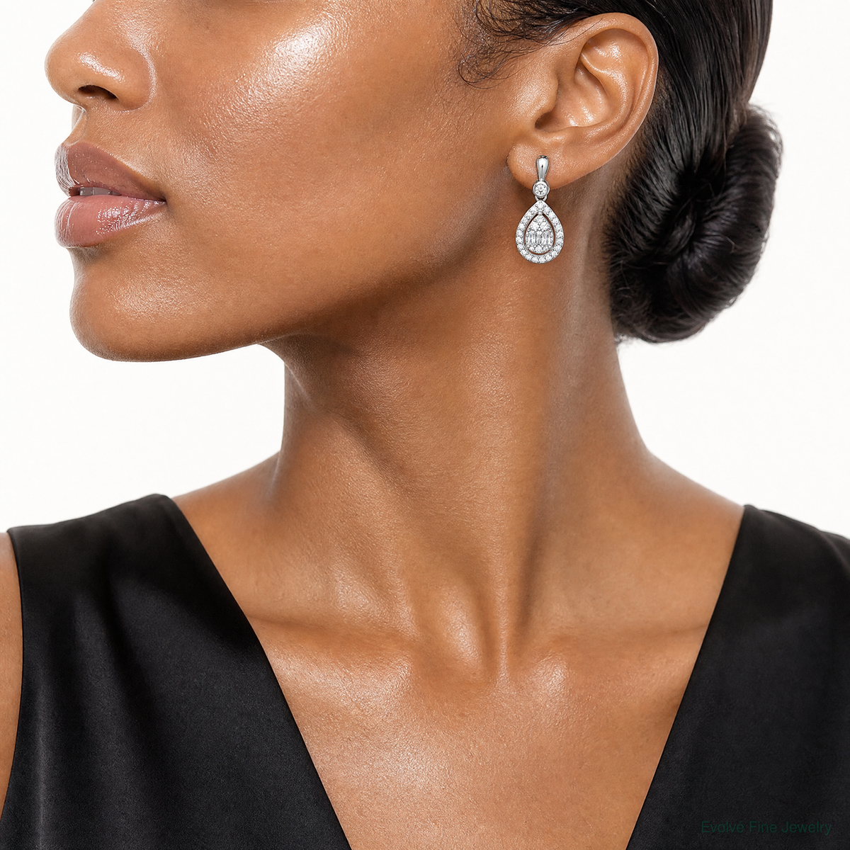 SS RH-plated Polished Fancy CZ Teardrop Post Dangle Earrings - Model Shot