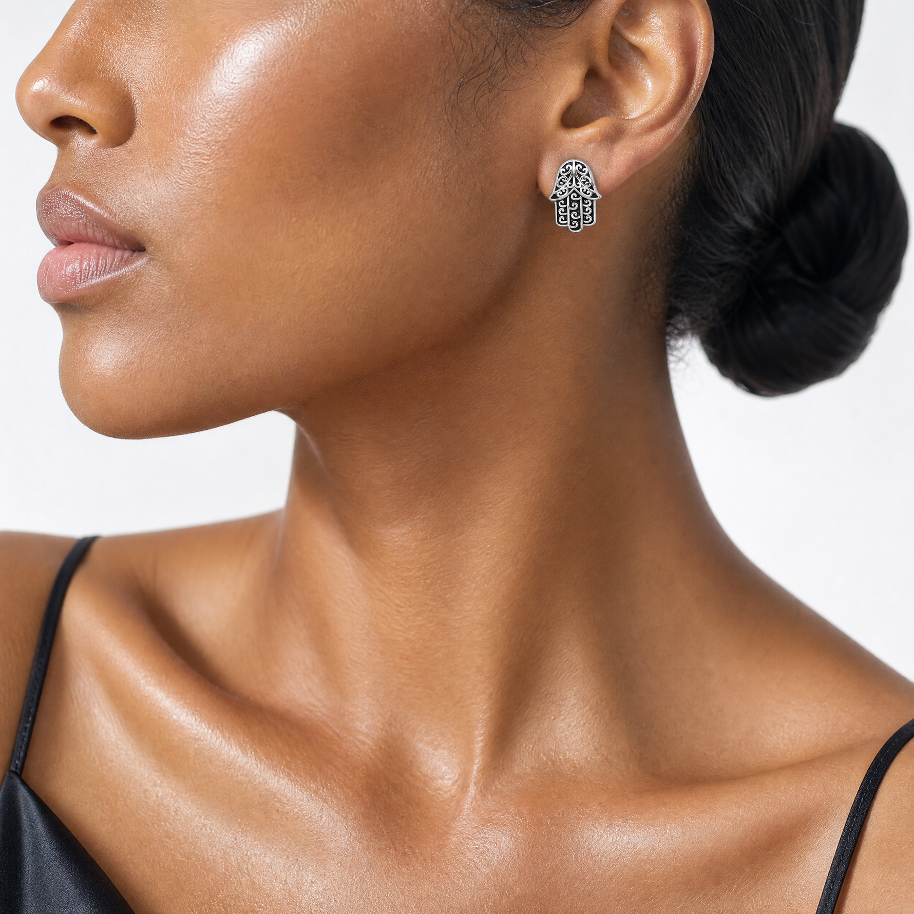 Sterling Silver RH-plated Polished/Oxidized Filigree Hamsa Post Earrings - Model Shot