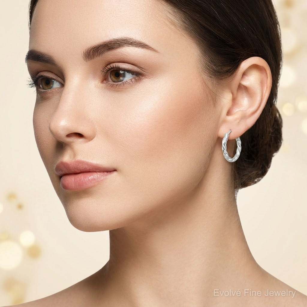 SS RH-pltd Polished Twisted 15.5x2.25mm Round Hoop Earrings - Model Shot