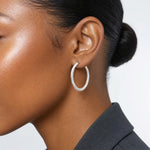 Sterling Silver Laser/Dia-cut 30x3.25mm Hidden Catch Round Hoop Earrings - Model Shot