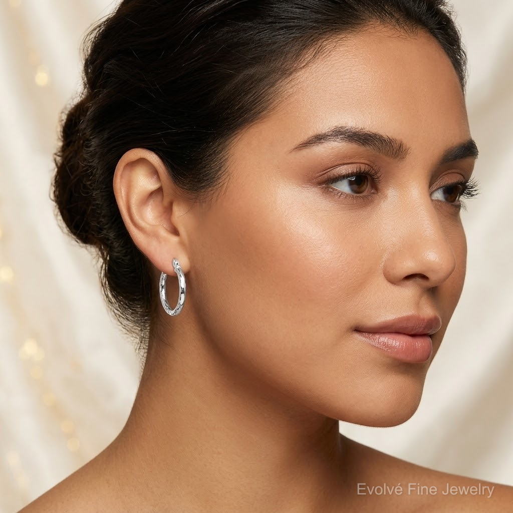 Sterling Silver Polished Diamond-cut 2.0mm Round Hoop Earrings - Model Shot