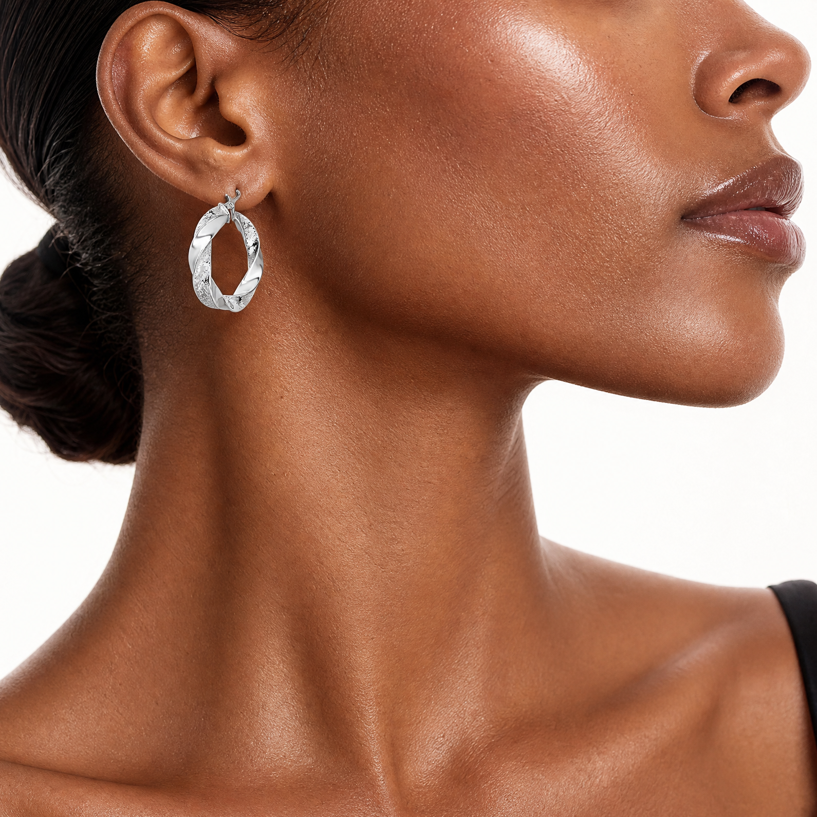 Sterling Silver Polished Greek Key 5mm Twisted Hoop Earrings - Model Shot