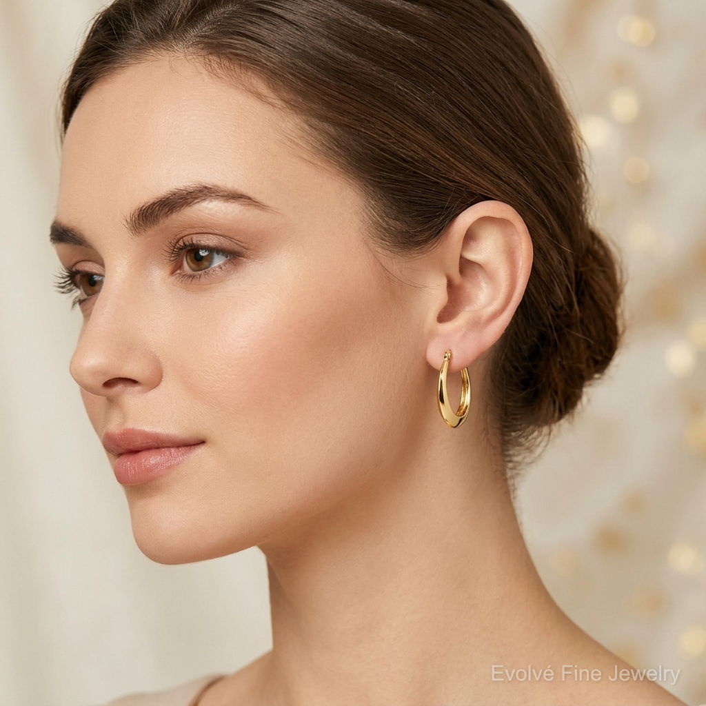 SS Gold-tone Polished Knife Edge Tapered Oval Hoop Earrings - Model Shot