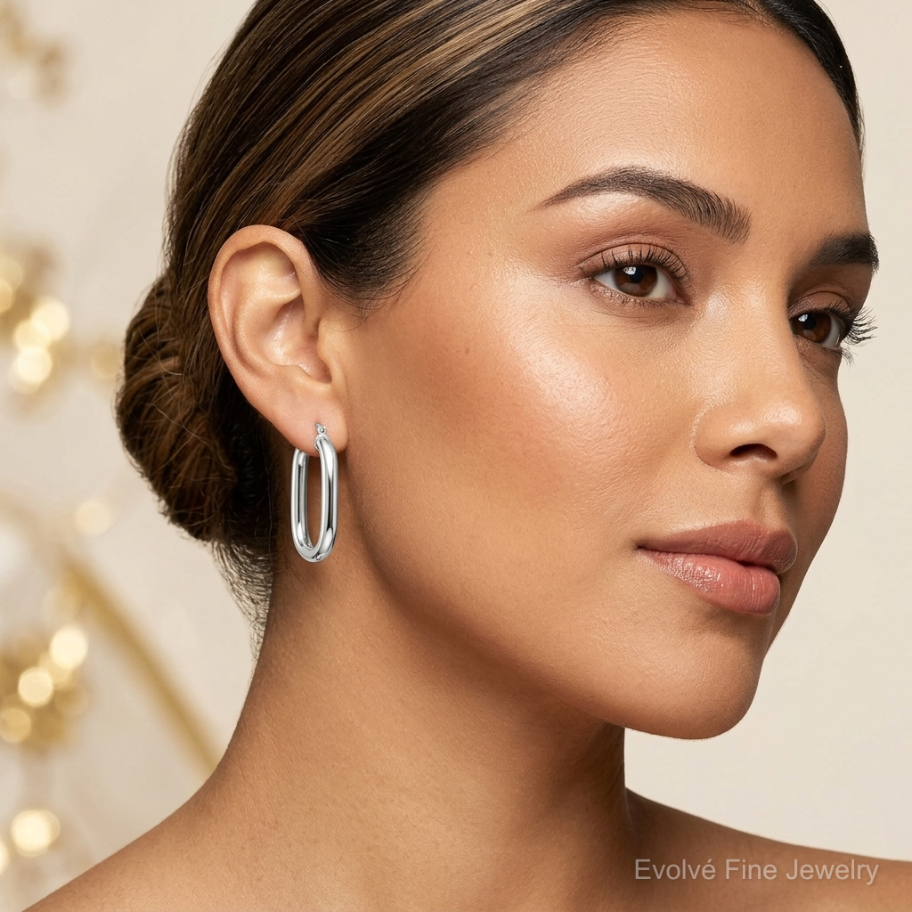 Sterling Silver Polished 4mm Oval Hoop Earrings - Model Shot