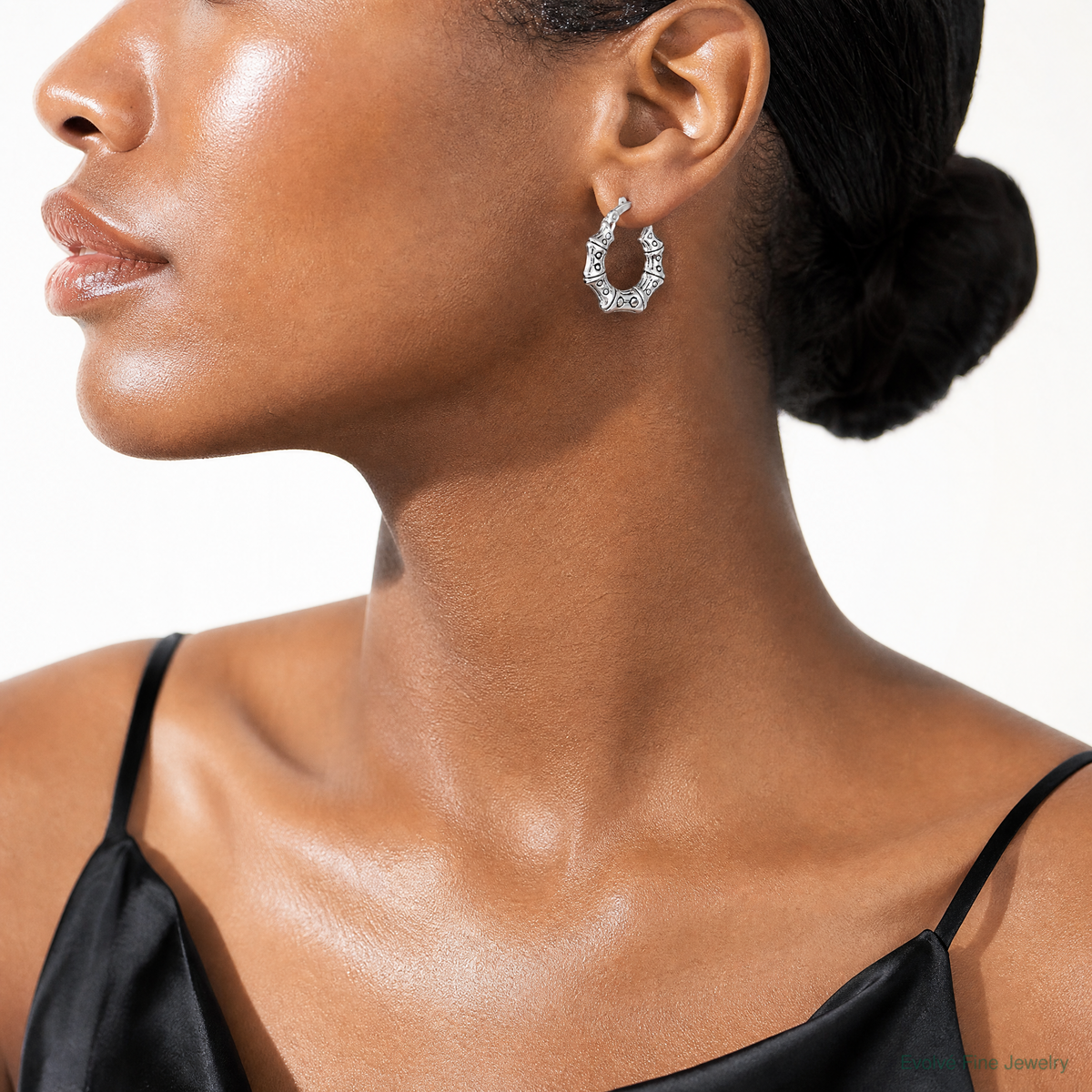 Sterling Silver Antiqued Textured Bamboo Round Hoop Earrings - Model Shot