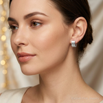 Sterling Silver Rhodium-plated Brushed Square Hinged Hoop Earrings - Model Shot