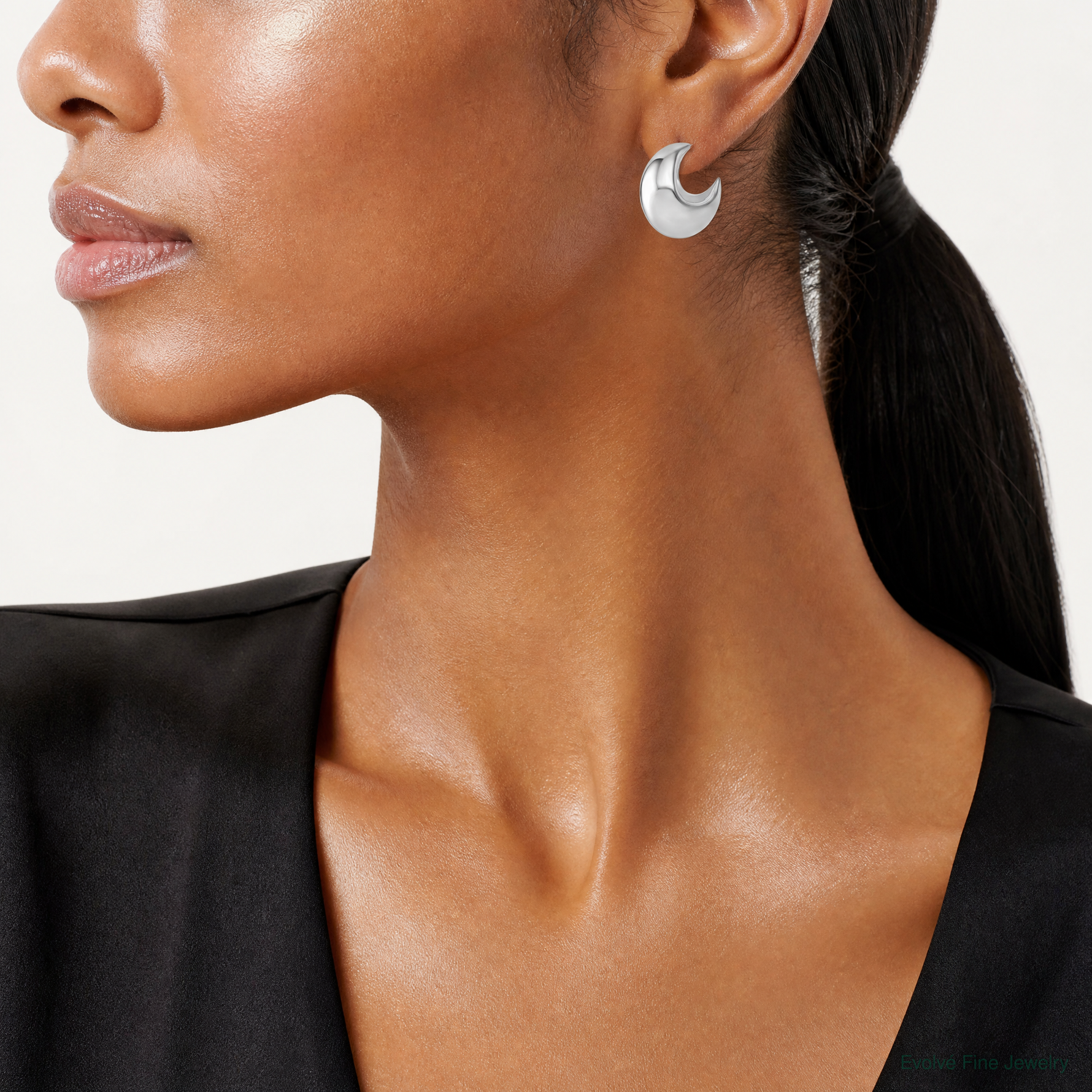 Sterling Silver Rhodium-plated Polished Hollow Fancy Post J-Hoop Earrings - Model Shot