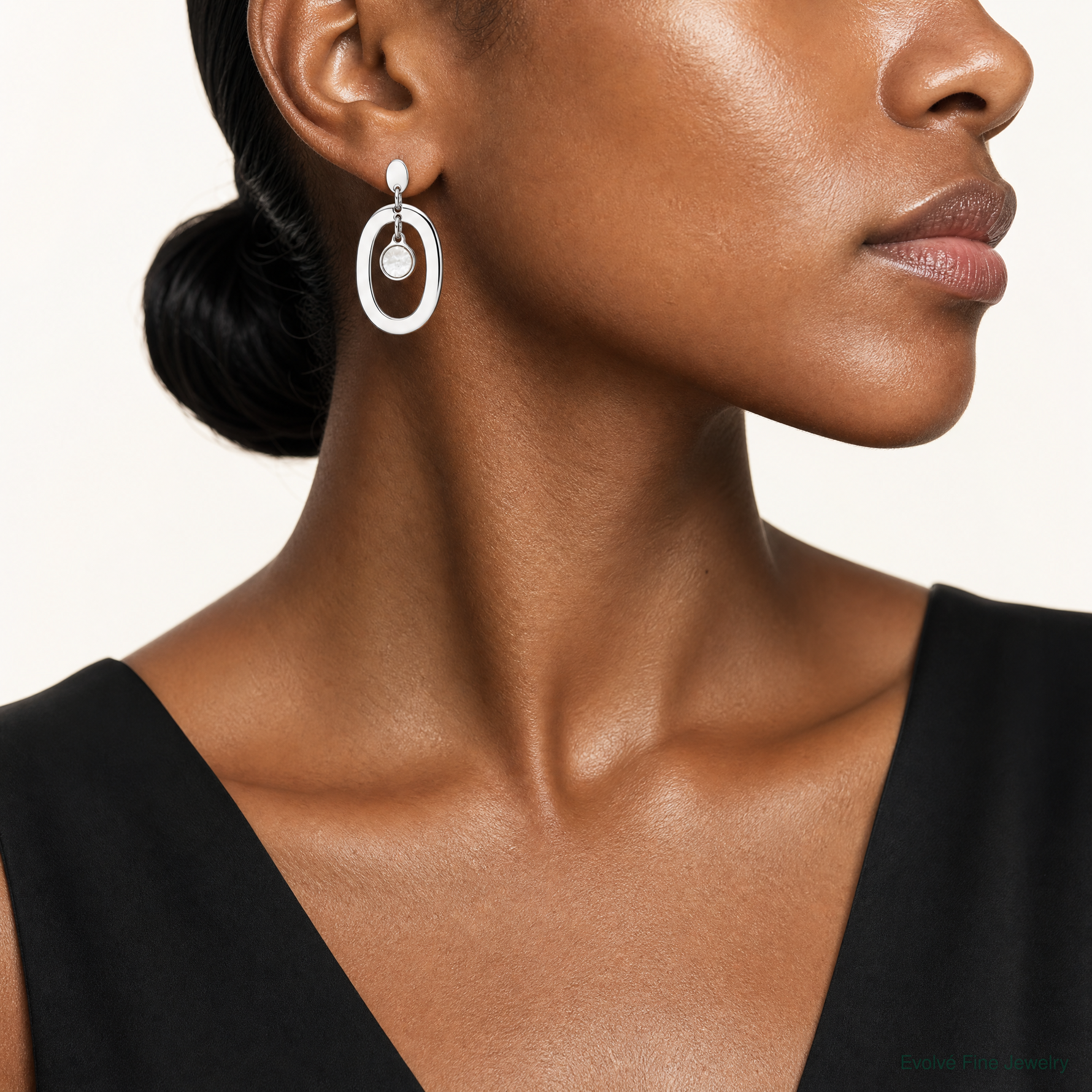 Sterling Silver Oval Mother of Pearl Post Dangle Earrings - Model Shot