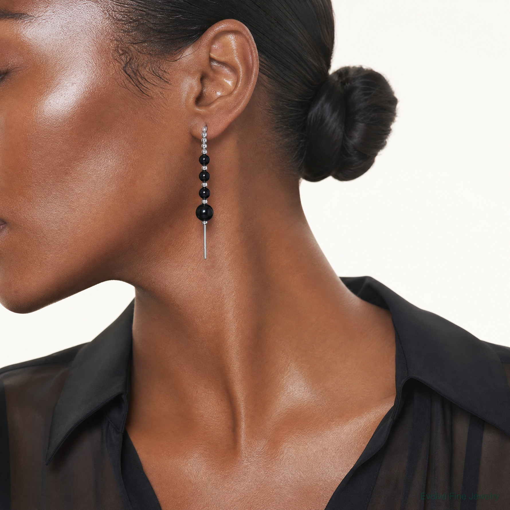 Sterling Silver RH-plated Polished Onyx Beaded Threader Earrings - Model Shot
