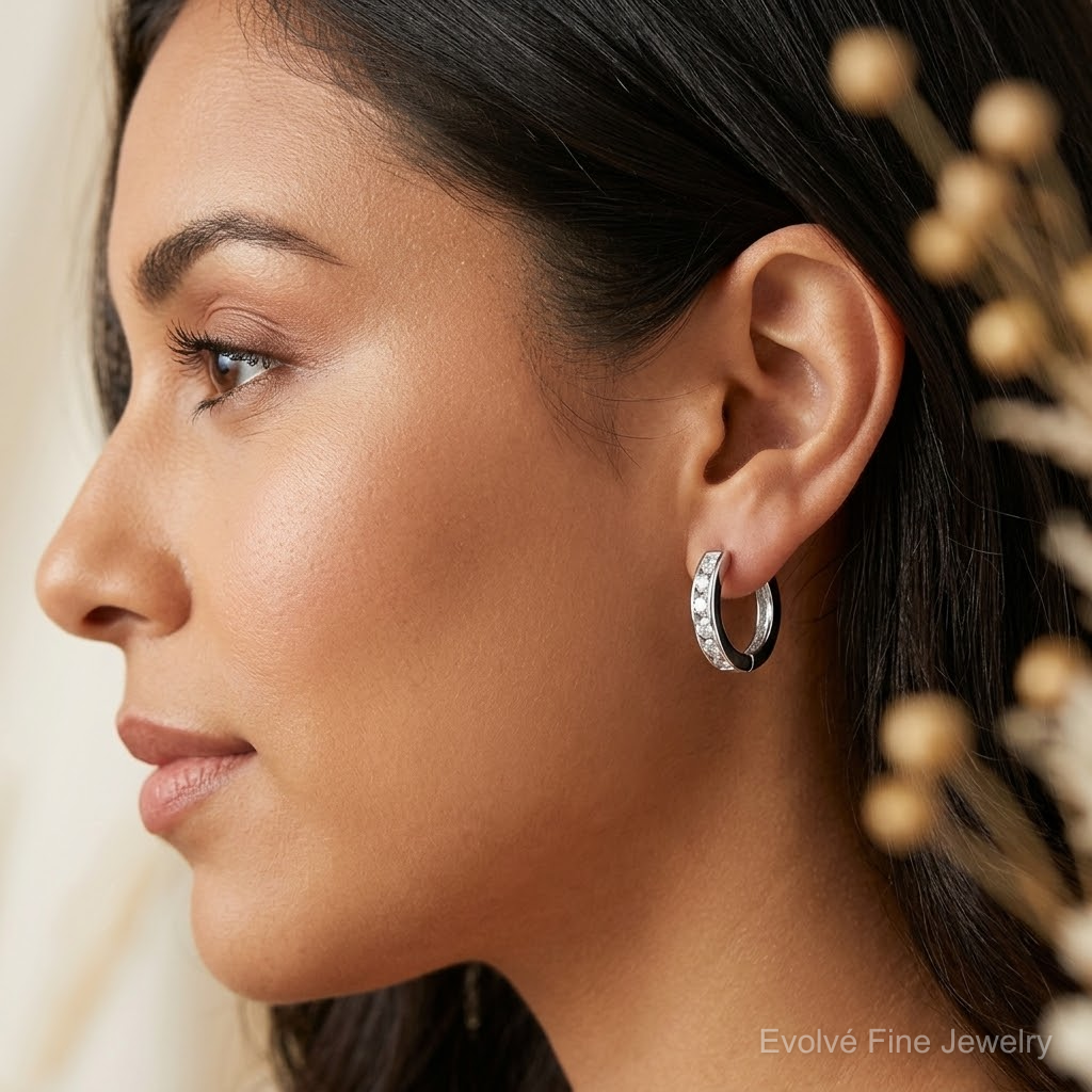 Sterling Silver Rhodium-plated CZ Hinged Hoop Earrings - Model Shot