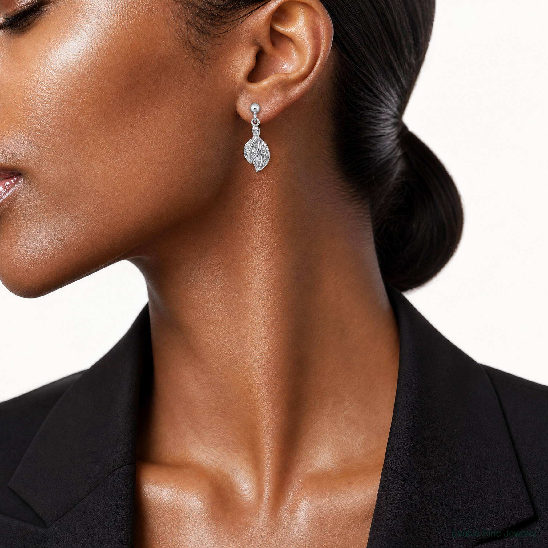 Sterling Silver Rhodium-plated Polished CZ Leaf Dangle Post Earrings - Model Shot