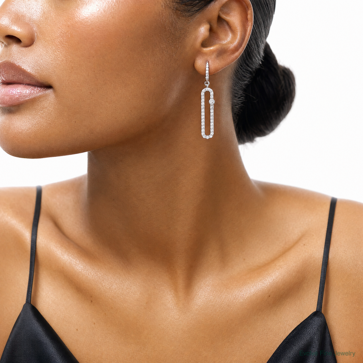 Sterling Silver RH-plated Polished CZ Elongated Link Dangle Earrings - Model Shot