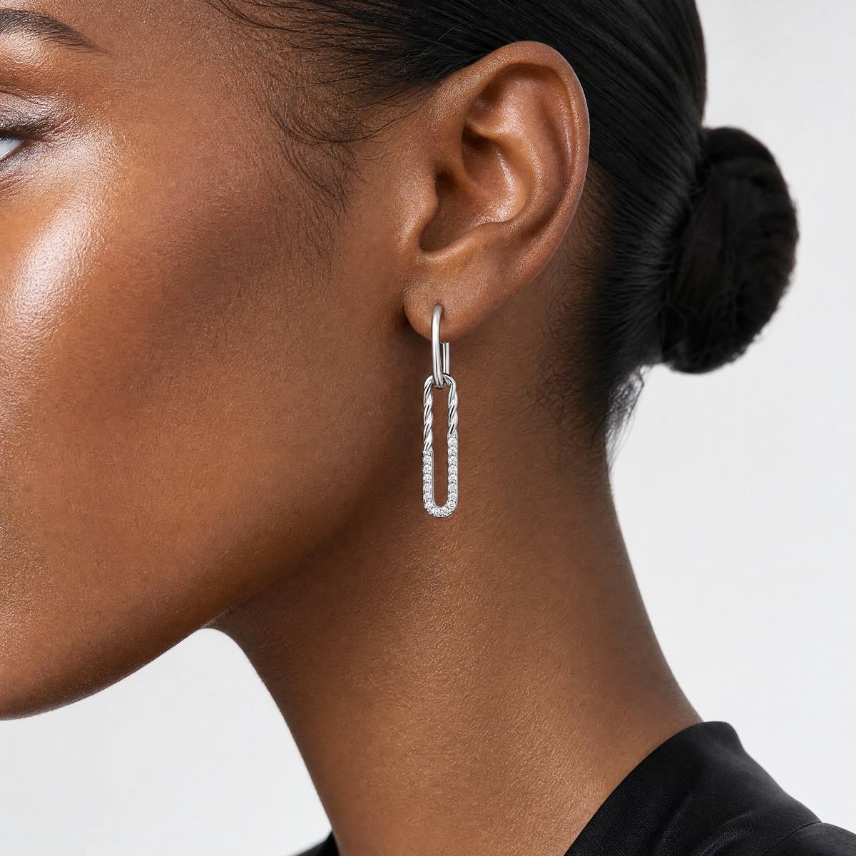 Sterling Silver Rhodium-plated CZ Twisted Paper Clip Dangle Post Earrings - Model Shot