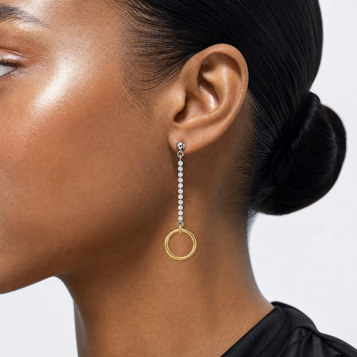 Sterling Silver Rhodium and Gold-plated CZ Circle Dangle Earrings - Model Shot