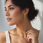 Sterling Silver Polished CZ Dangling Chain Hinged Round Hoop Earrings - Model Shot