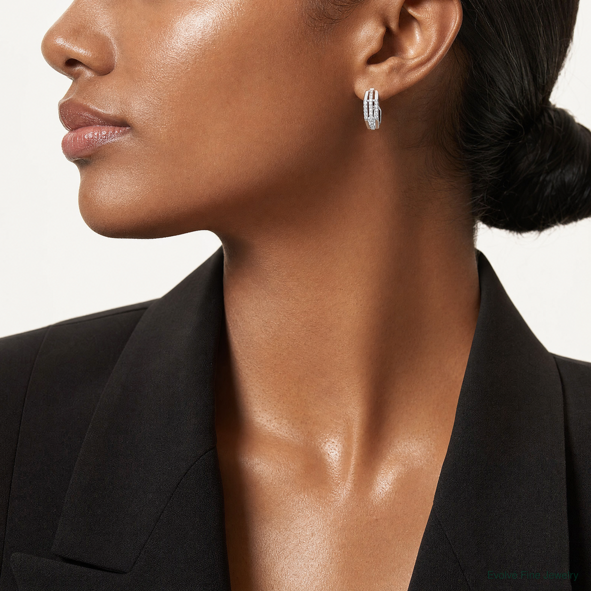 Sterling Silver Rhodium-plated CZ Polished Post J-Hoop Earrings - Model Shot