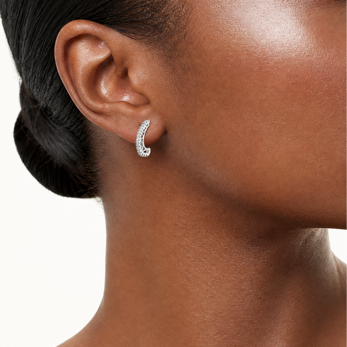 Sterling Silver Rhodium-plated CZ J-Hoop Post Earrings - Model Shot
