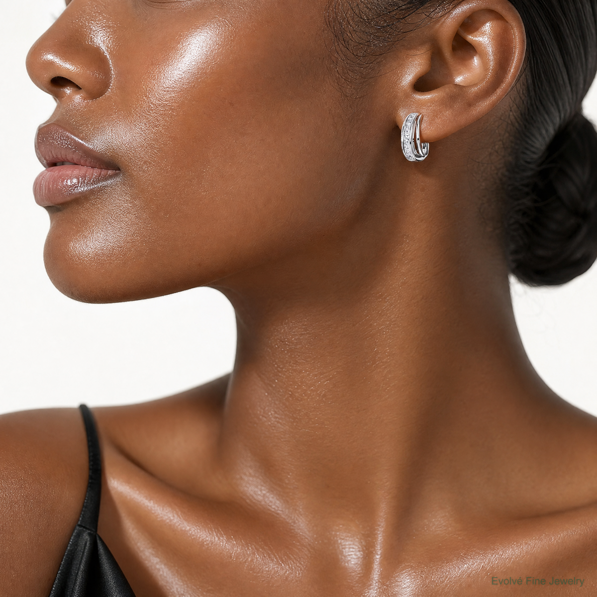 Sterling Silver Rhodium-plated Polished CZ Post J-Hoop Earrings - Model Shot
