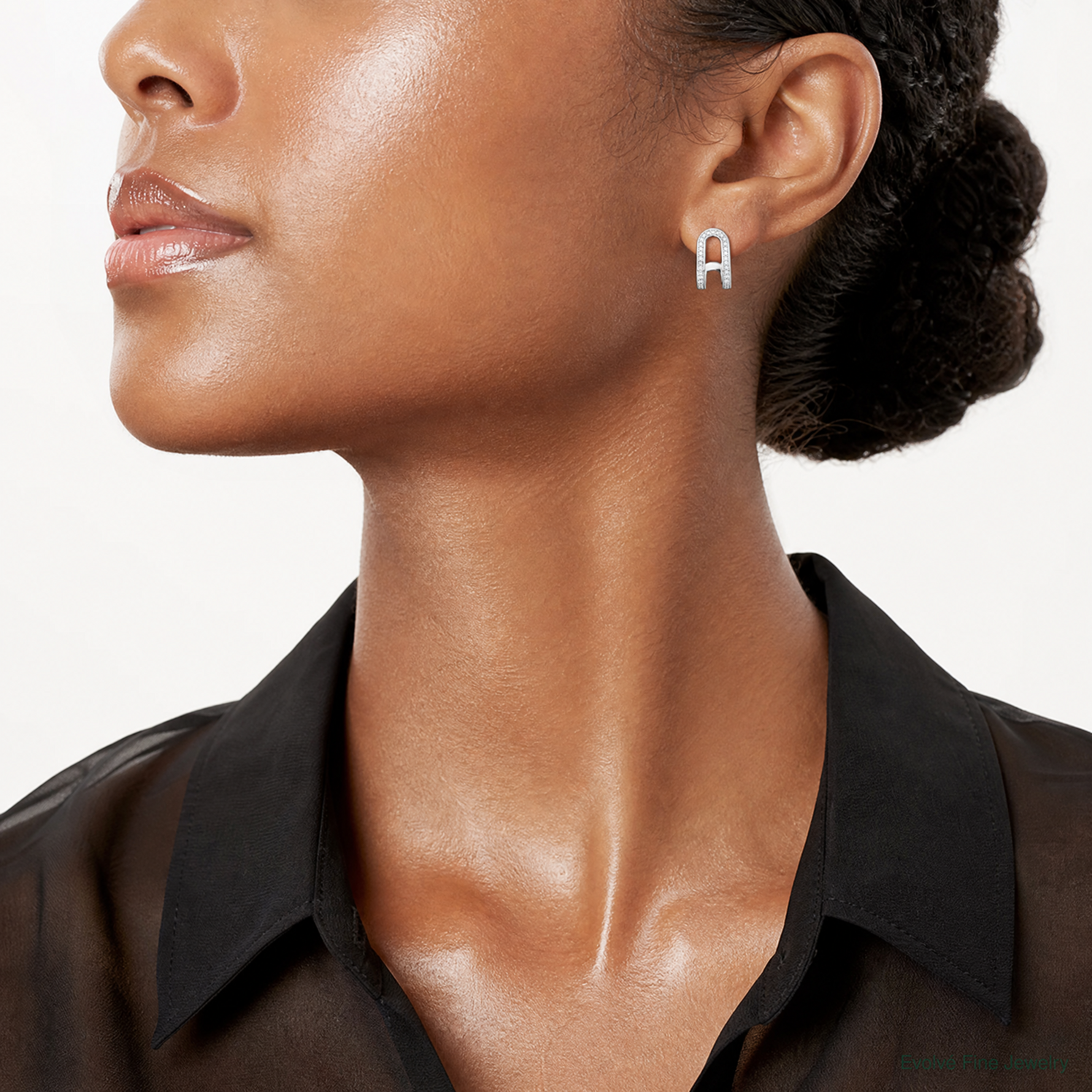 Sterling Silver Polished CZ Curved Post J-Hoop Earrings - Model Shot