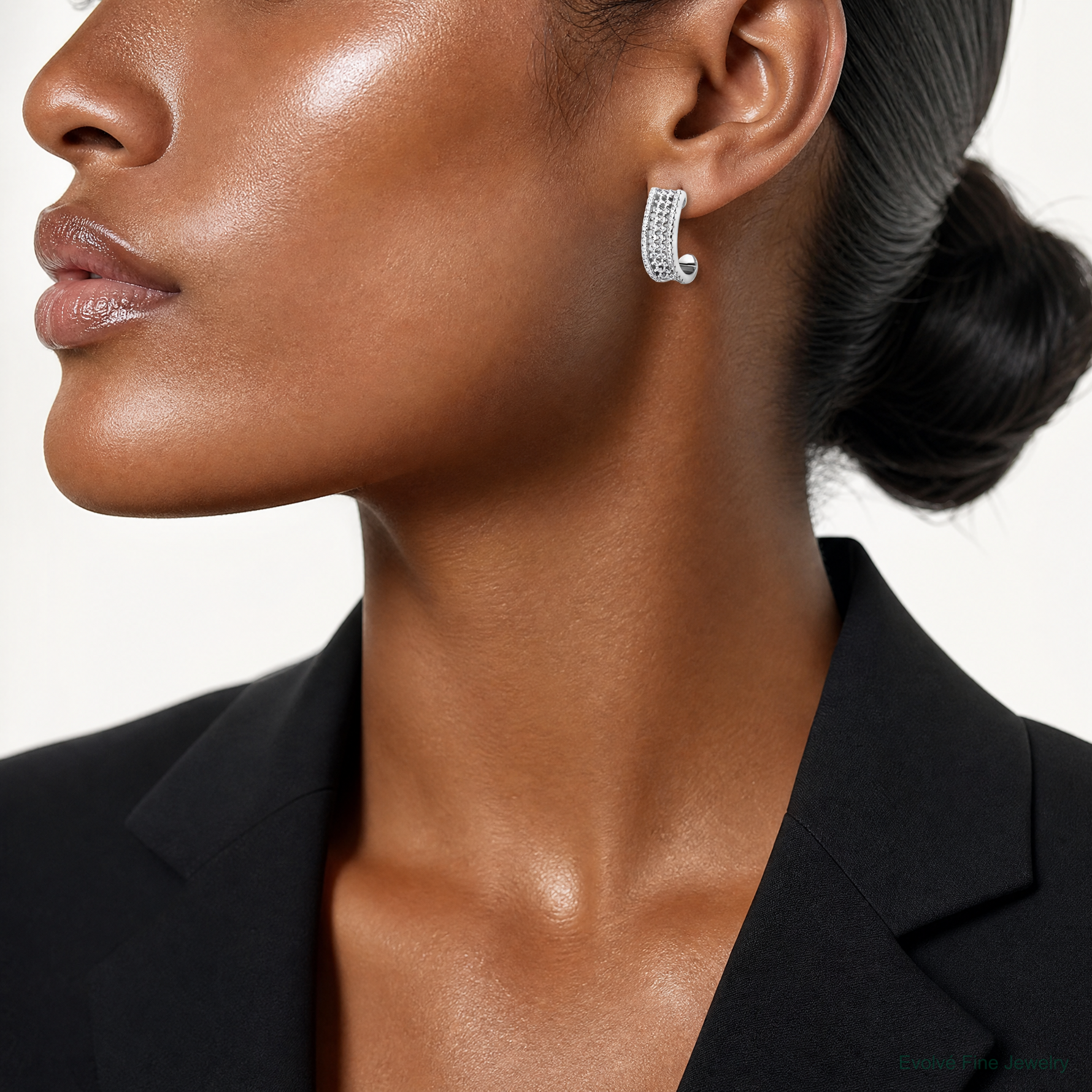 Sterling Silver Rhodium-plated CZ Post J-Hoop Earrings - Model Shot