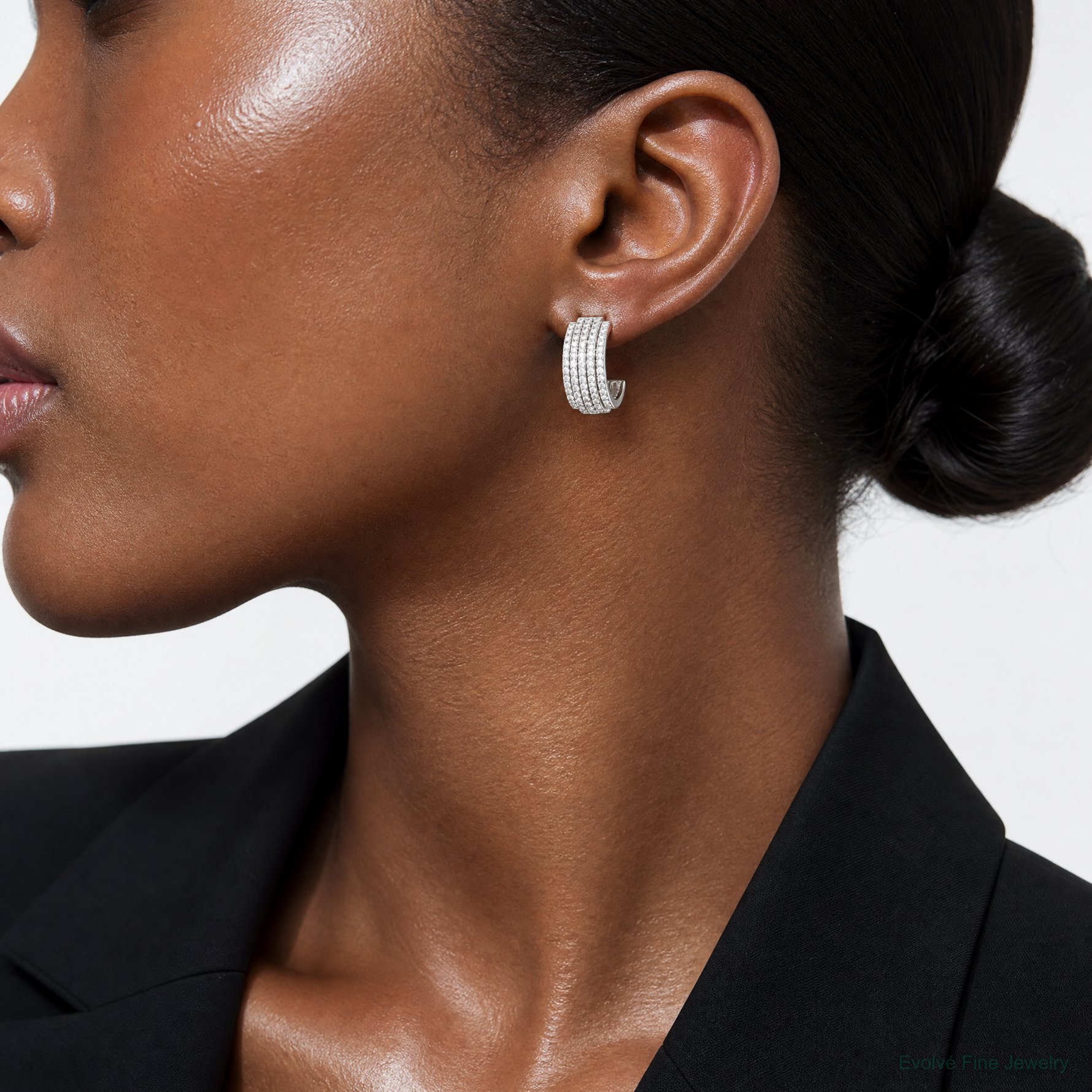 Sterling Silver Rhodium-plated 5 Row Post J-Hoop Earrings - Model Shot
