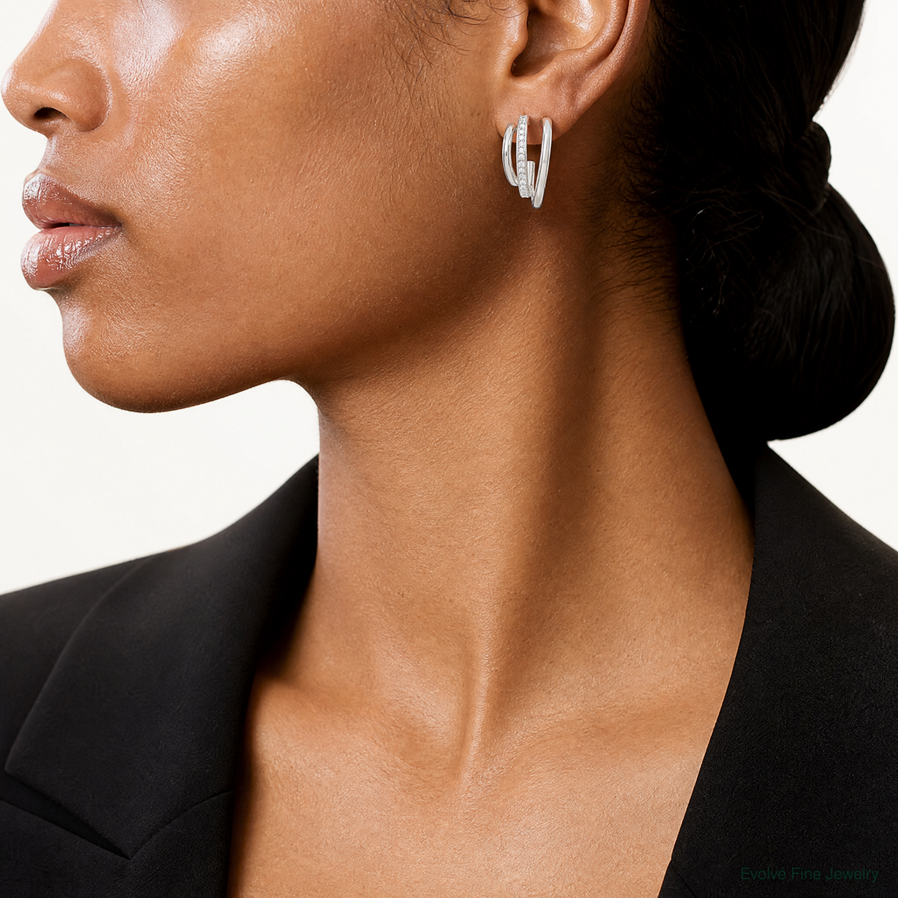 Sterling Silver Polished CZ 3-Row Post C-Hoop Earrings - Model Shot