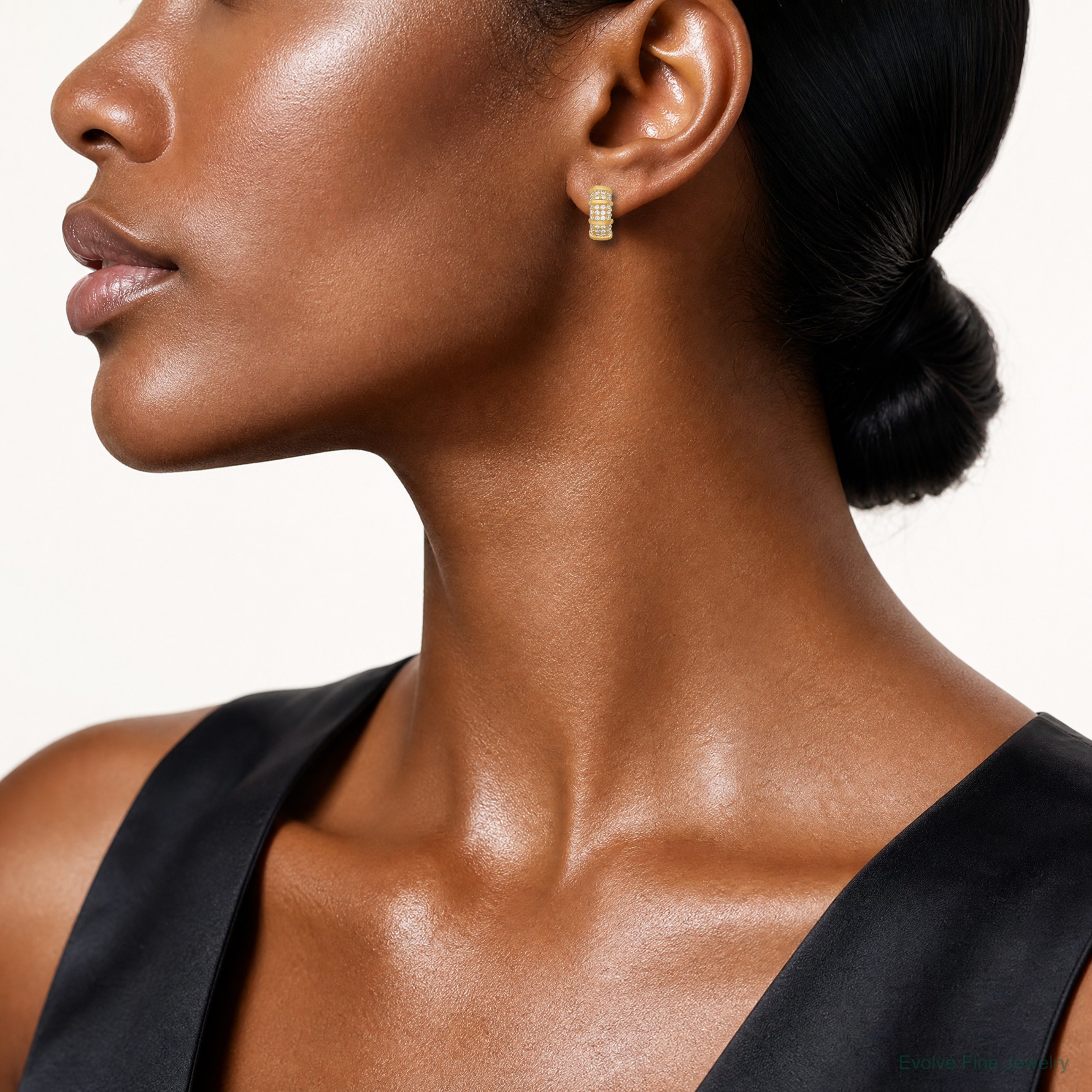 Sterling Silver Gold-Tone Polished/Textured CZ Hinged Round Hoop Earrings - Model Shot