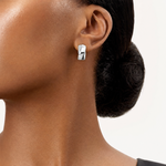 Sterling Silver RH-pltd Polished Black/White CZ Round Hinged Hoop Earrings - Model Shot