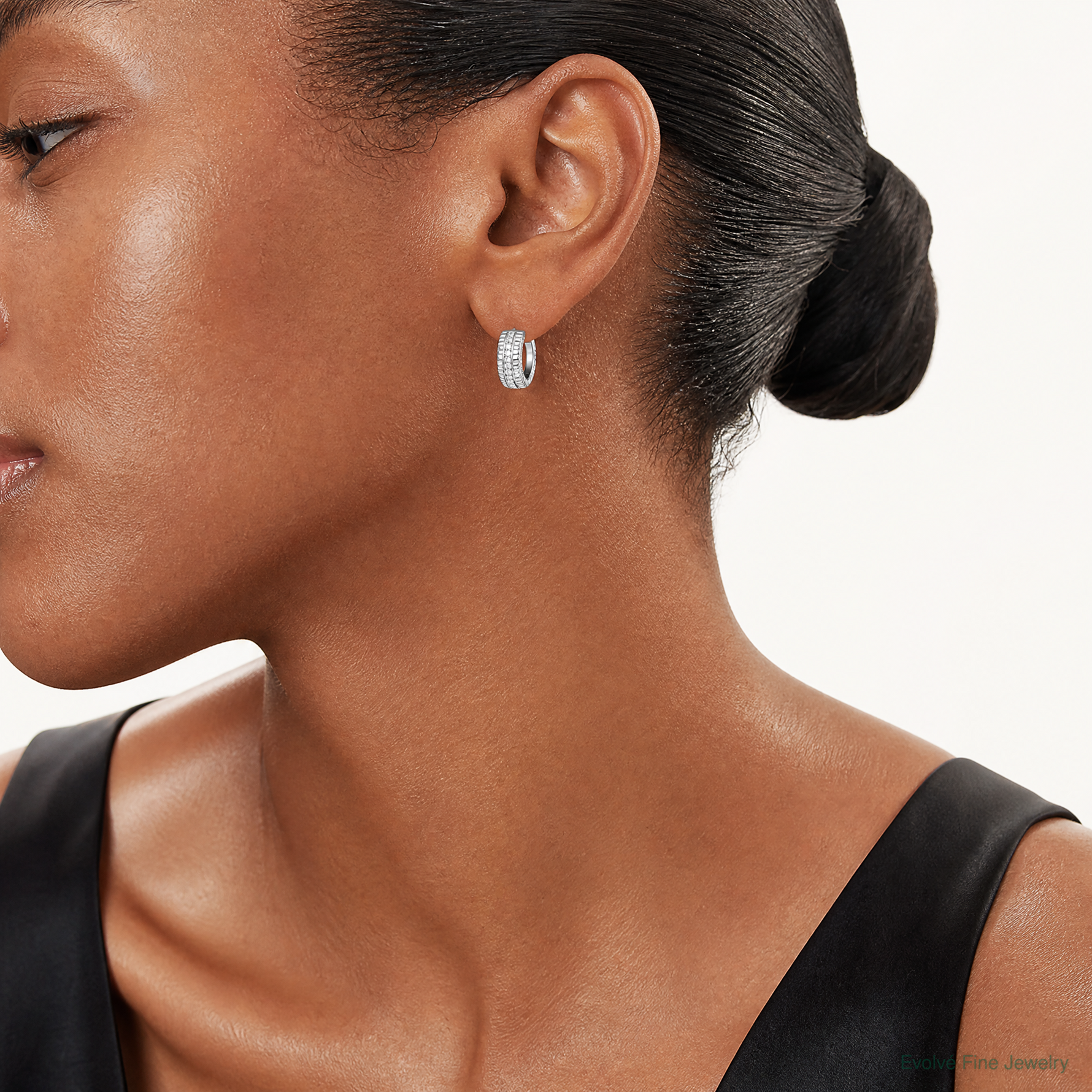 Sterling Silver RH-pltd Polished and Grooved 6.2mm CZ Hoop Earrings - Model Shot