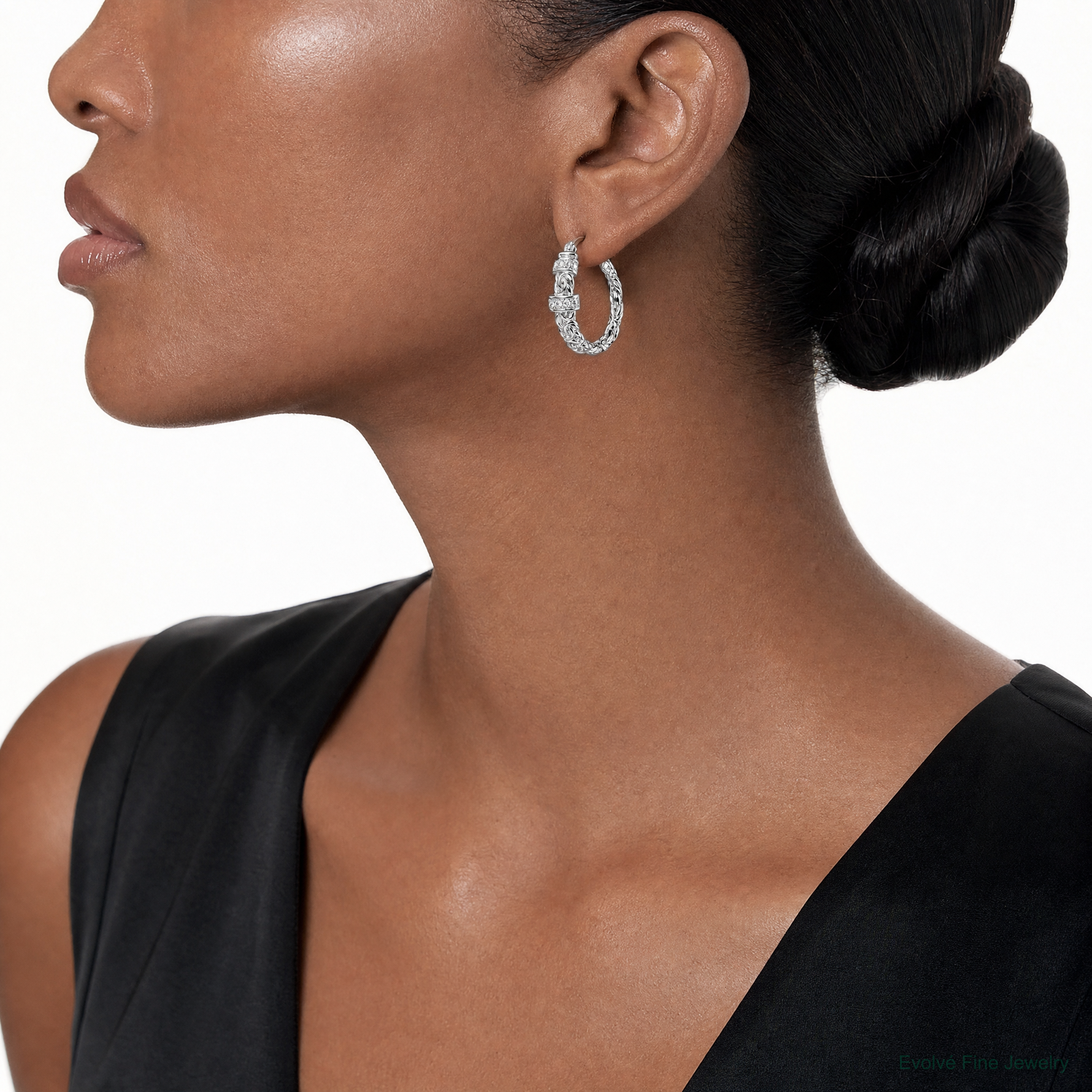 Sterling Silver RH-plated Polished CZ Byzantine Link Round Hoop Earrings - Model Shot