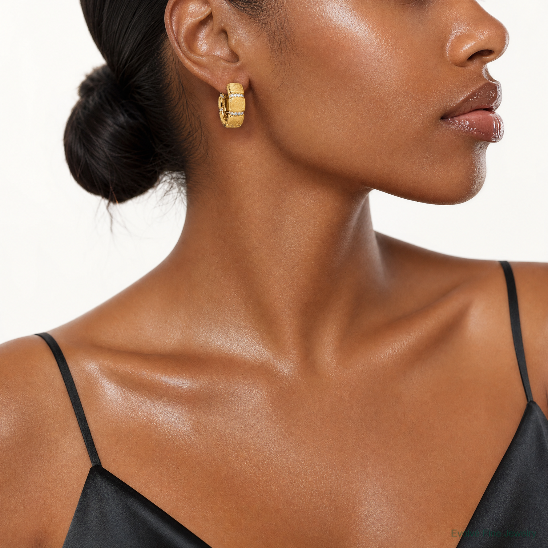 Sterling Silver Gold-Tone Polish/Textured CZ 8mm Hinged Hoop Earrings - Model Shot