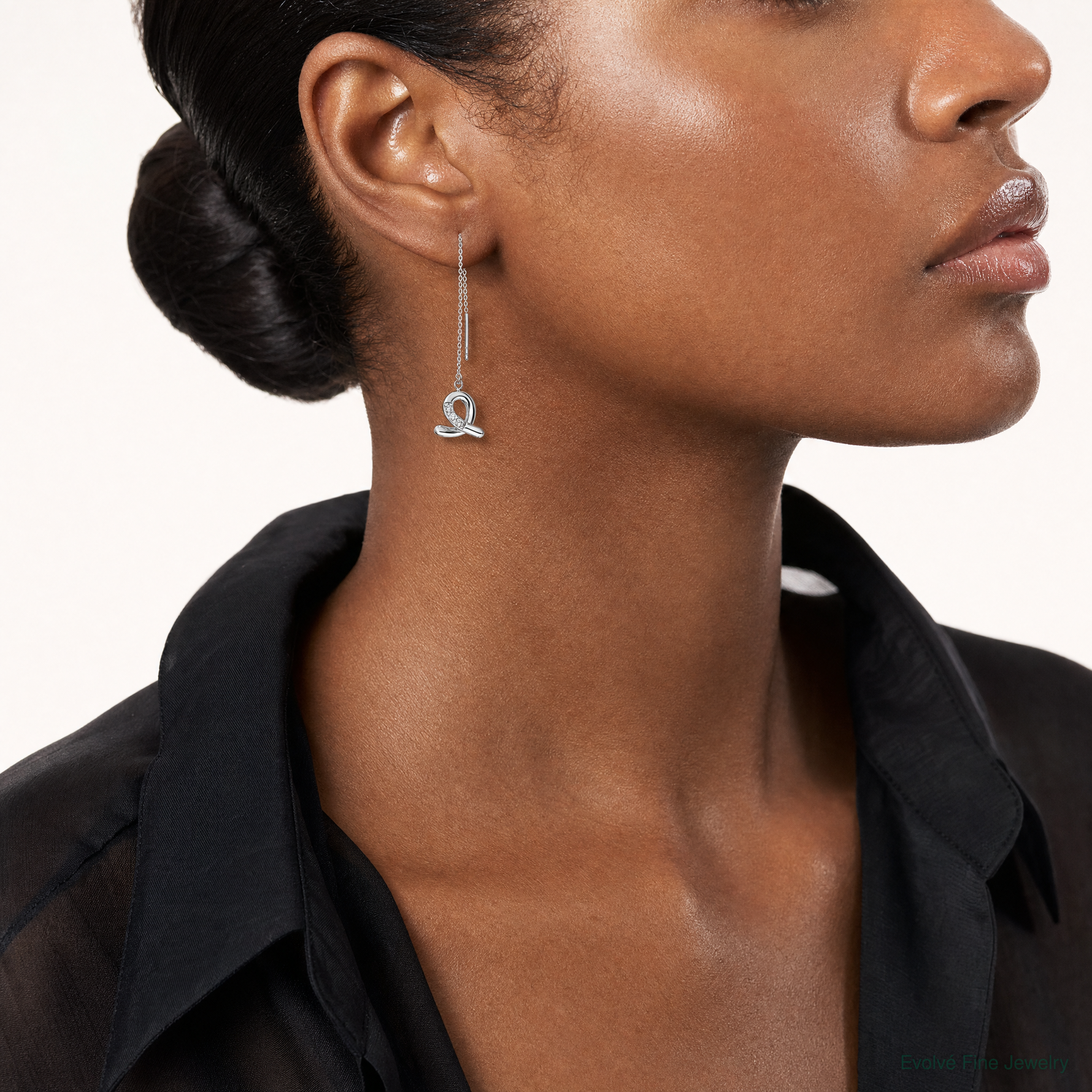 Sterling Silver Rhodium-plated CZ Loop Dangle Threader Earrings - Model Shot