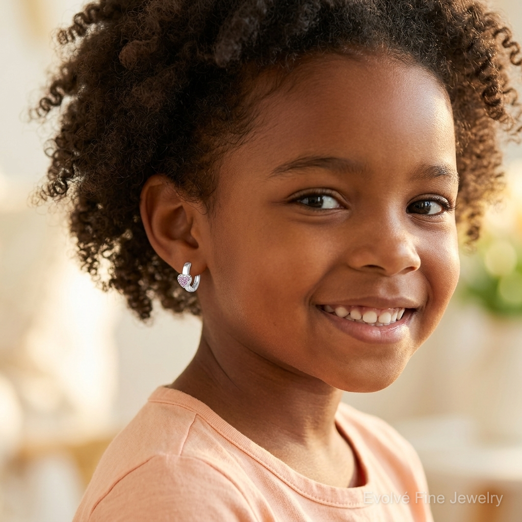 Sterling Silver Rh-plated Children's Pink CZ Heart Hoop Earrings - Model Shot