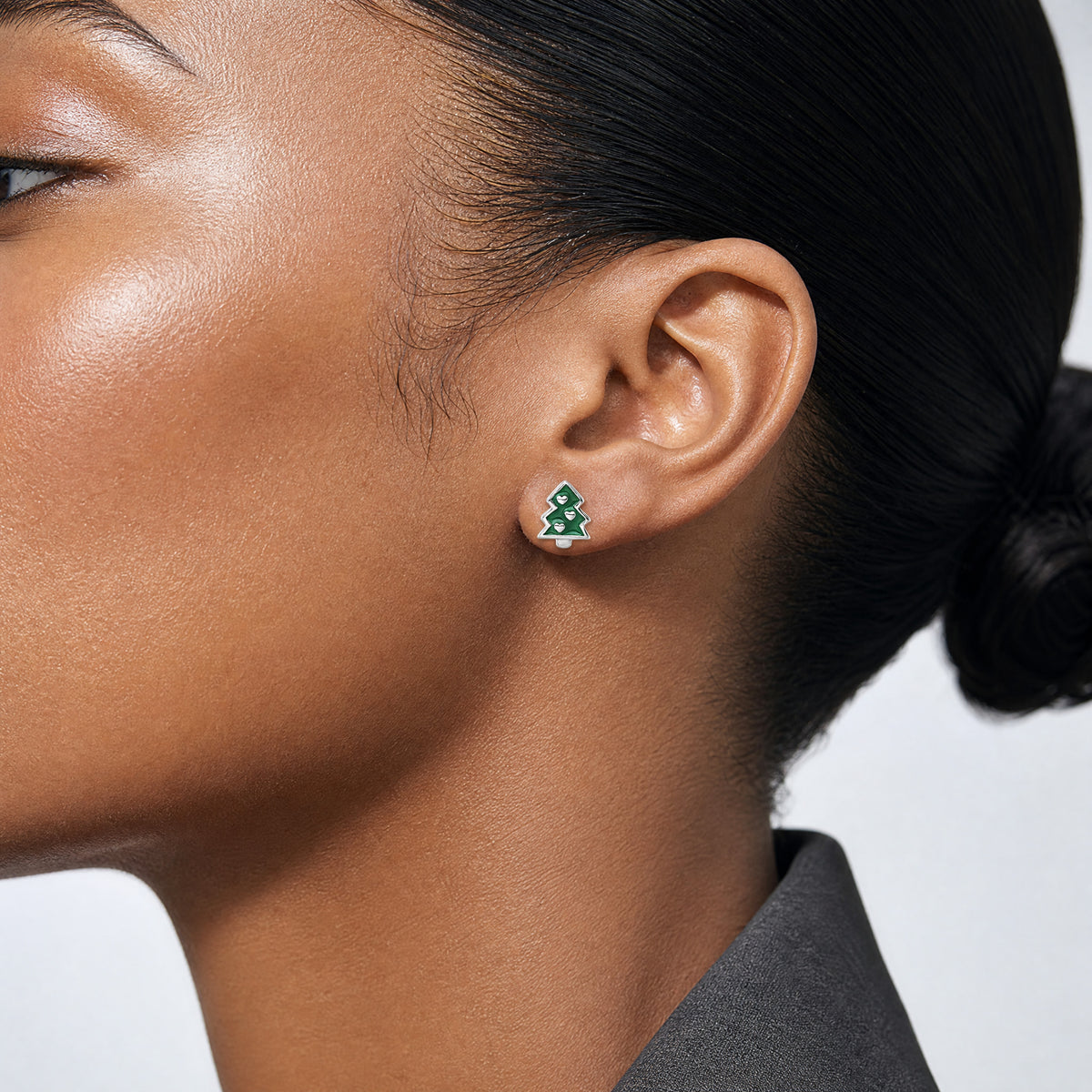 Sterling Silver Rh-plated Green Enamel Christmas Tree Post Earrings - Model Shot