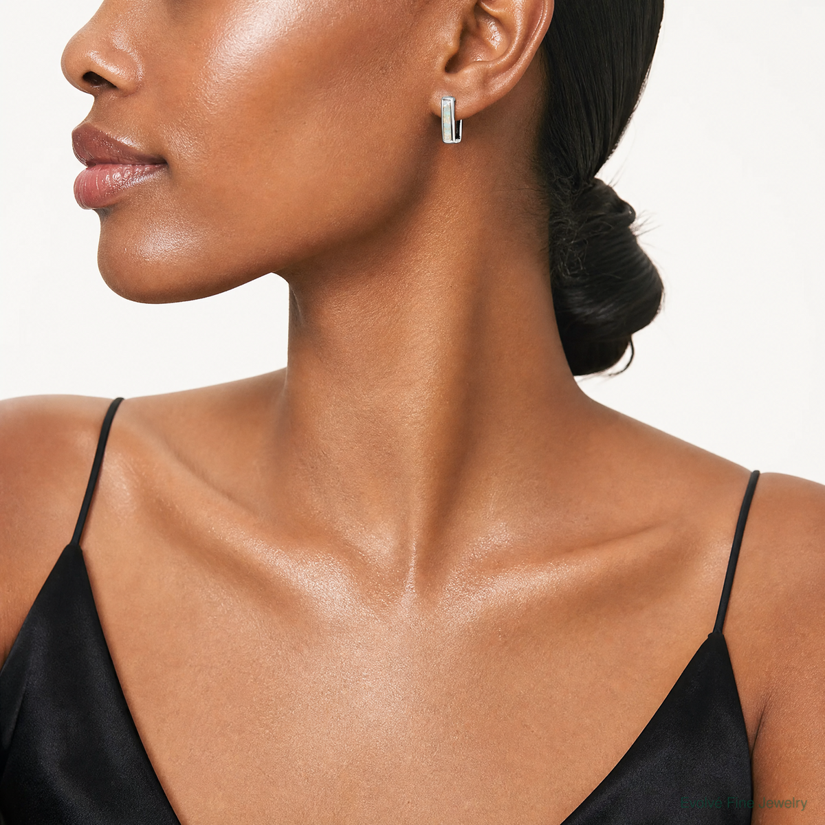 Sterling Silver Rhodium-plated Created Opal Square Hoop Earrings - Model Shot