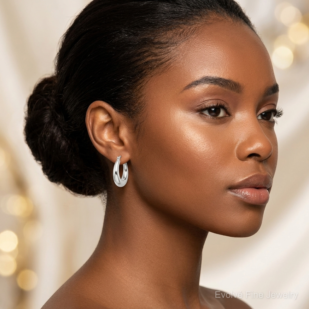 Sterling Silver Polished & Tapered Round Hoop Earrings - Model Shot