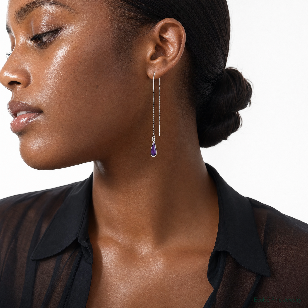 Sterling Silver Polished Purple CZ Teardrop Threader Earrings - Model Shot