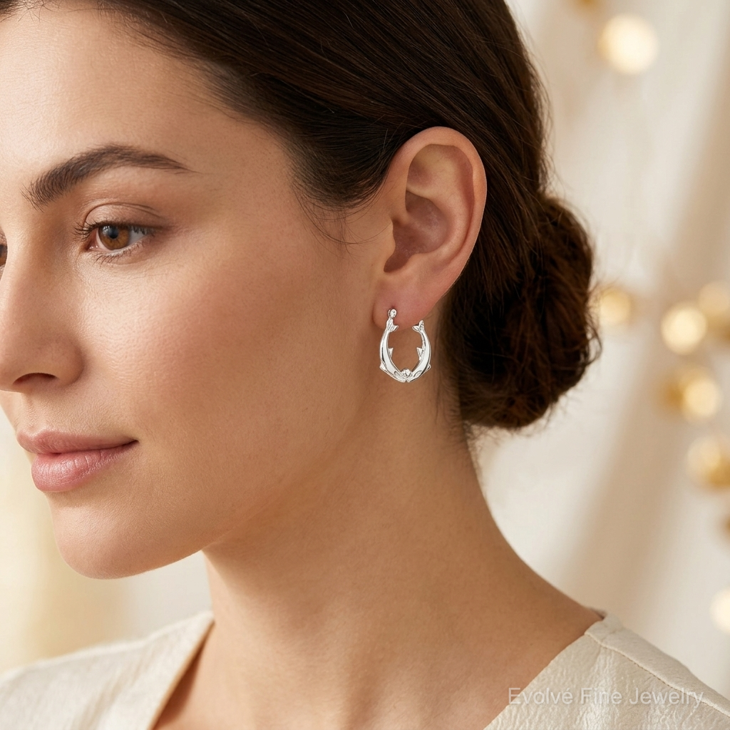 Sterling Silver Rhodium-plated Polished Dolphins Round Hoop Earrings - Model Shot