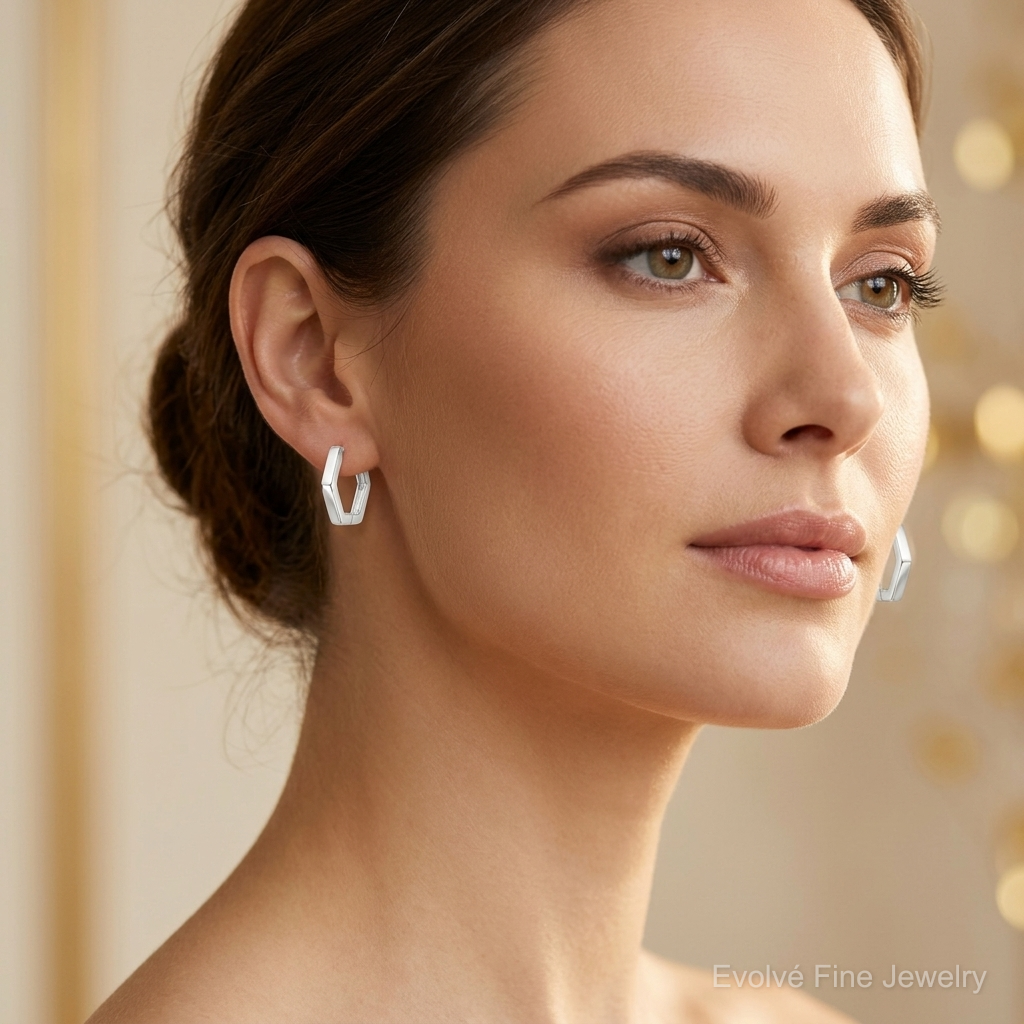 Sterling Silver Striped Hinged Hoop Earrings - Model Shot